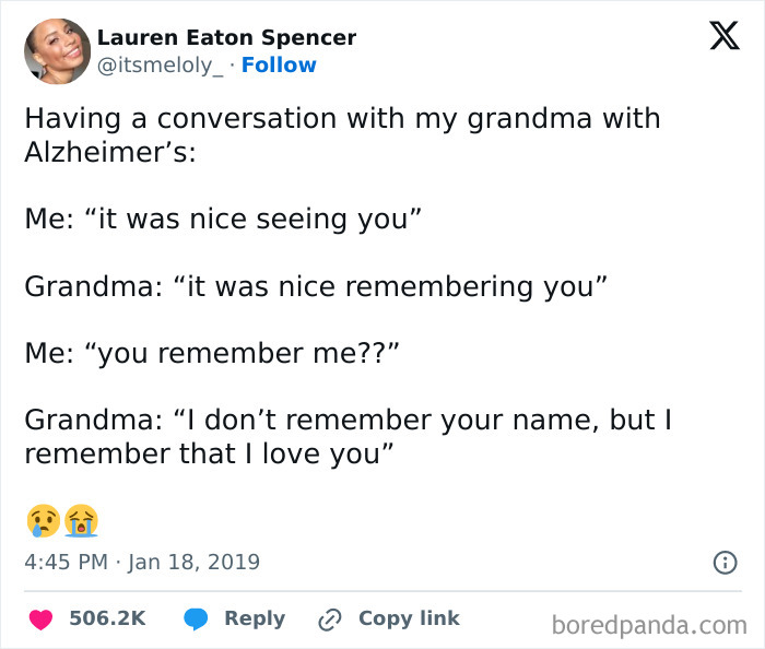 Tweet about a conversation with grandma who has Alzheimer's, showing relatable medical memes about memory and love.