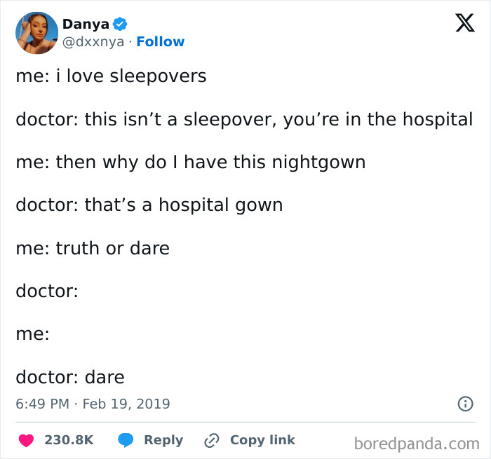 Tweet showing a funny and relatable medical meme about a patient joking with a doctor during a hospital stay.