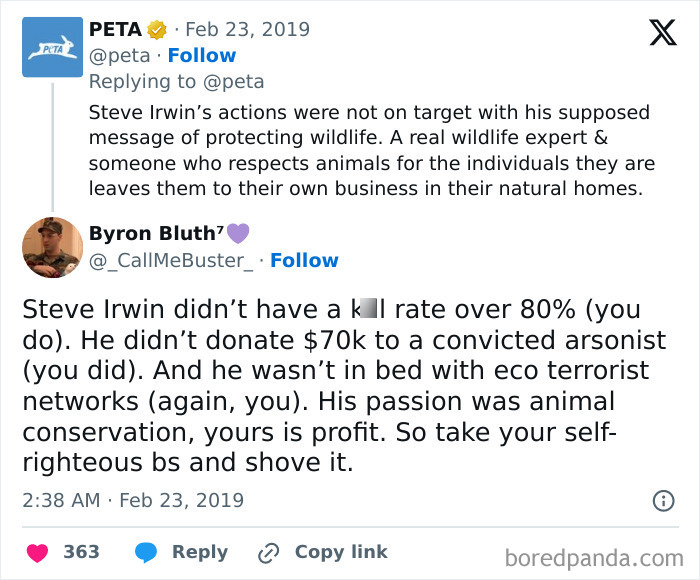 Screenshot of a weird Twitter exchange about Steve Irwin and wildlife conservation from internet screenshots collection.