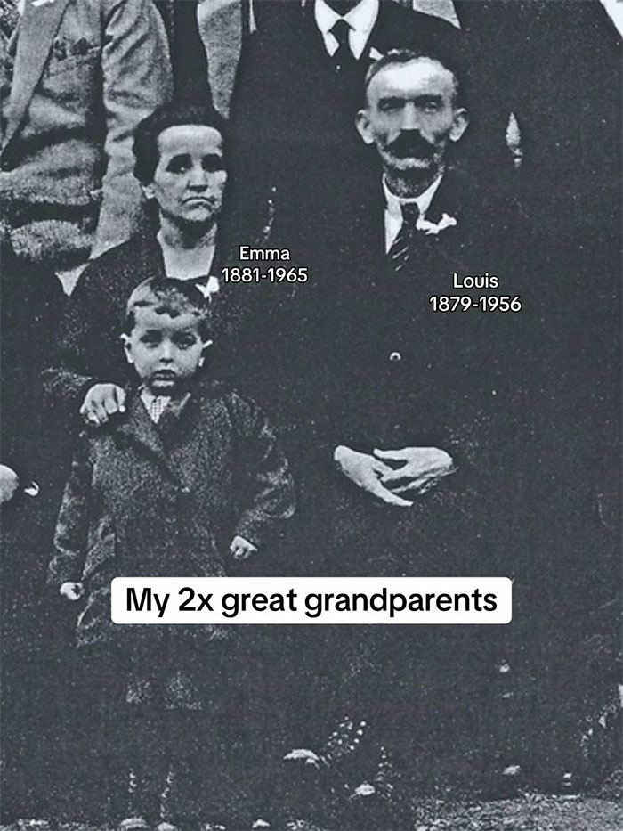 Black and white photo of 2x great grandparents Emma and Louis inspiring family historian to share family tree online.
