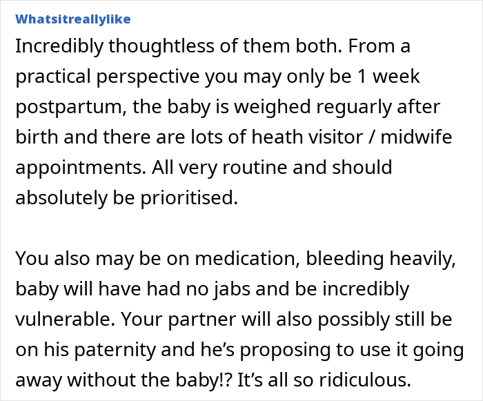 Alt text:
Comment discussing postpartum challenges and a guy deciding to go on a trip with a 2-year-old instead of the pregnant wife.