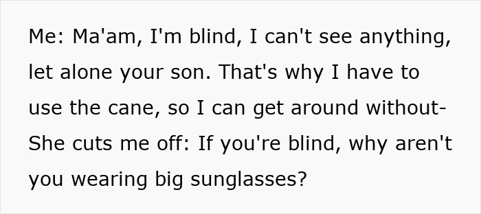 Alt text: Conversation about a blind person explaining the need for a cane after a kid steals a blind cane.