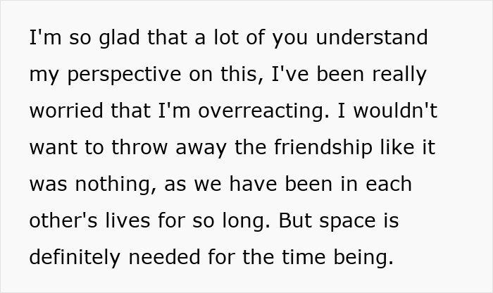 Text showing a woman expressing concern about losing a long-term friendship after being told to lose weight.