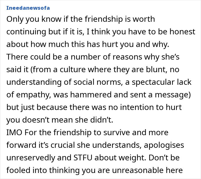Text post discussing the impact of a friend telling a woman to lose weight after reuniting, highlighting friendship and weight issues.