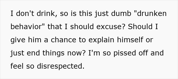 Text showing frustration over a guy pretending to be single at a party and making dumb excuses when confronted by his girlfriend.