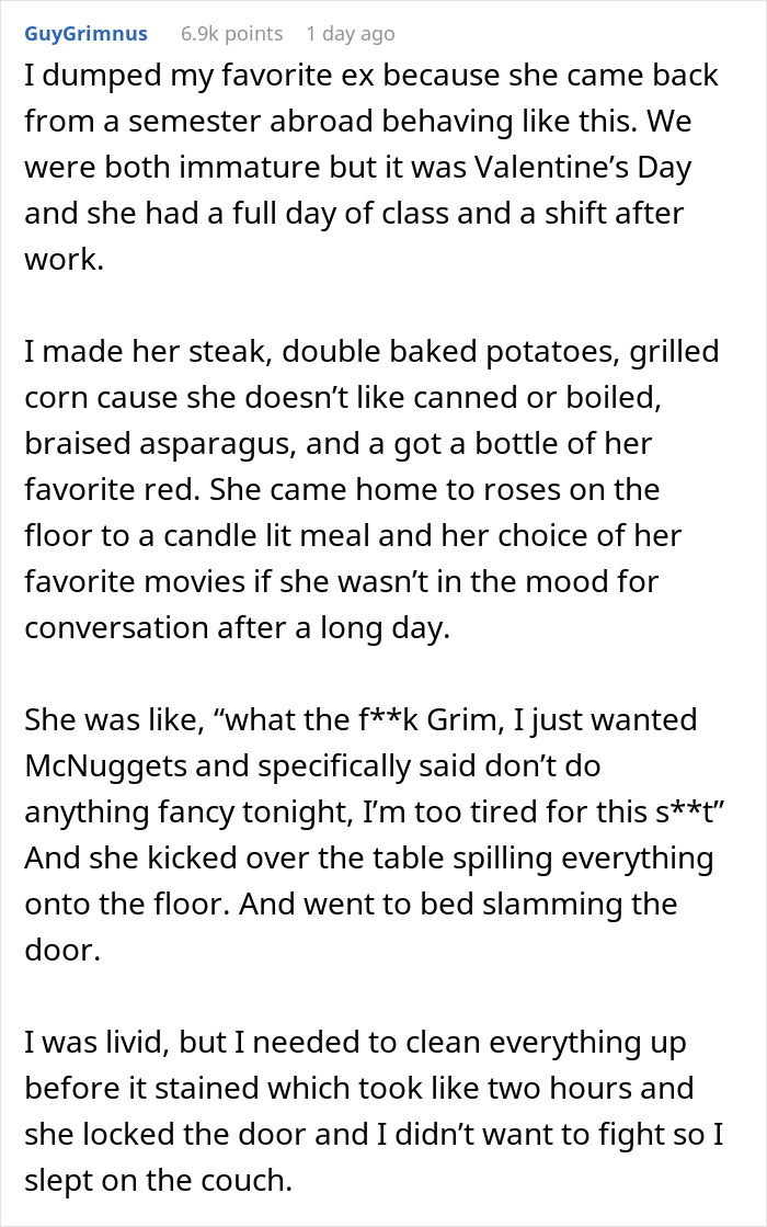 Screenshot of a Reddit post describing a woman going nuclear after boyfriend dumps her for throwing away dinner he made.