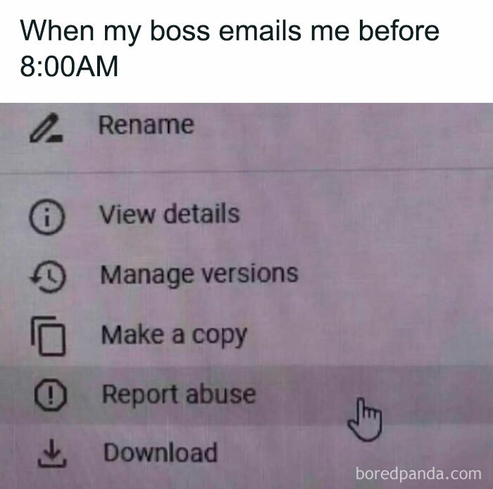 Screenshot of a menu with options like rename and report a***e, illustrating introvert-worthy memes about early work emails.