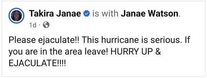 Screenshot of a social media post showing a humorous typo that questions people's intelligence during a hurricane warning.