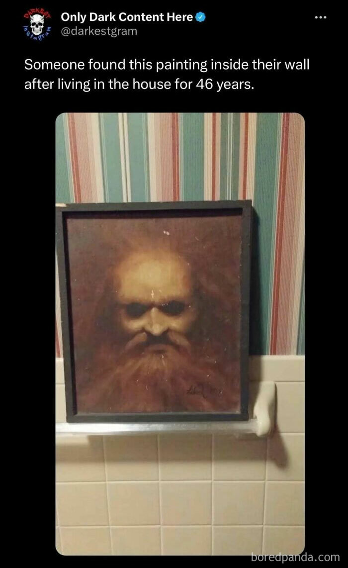 Creepy painting of a sinister bearded face found inside a wall, featured on darkest page on Instagram spooky stories.