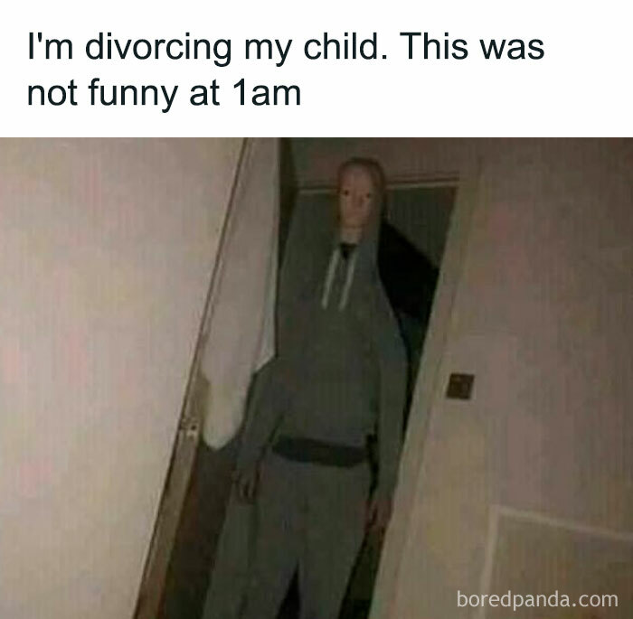 Creepy but funny meme showing a distorted figure in a hoodie standing in a dimly lit room at night.