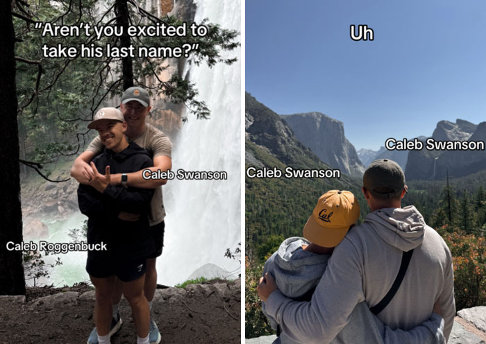 Two couples outdoors by waterfalls and mountains, humorously discussing the married surname trend with playful captions.