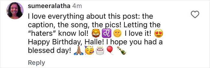 User comment praising Halle Berry&rsquo;s post, mentioning haters and birthday wishes, related to Halle Berry trolls ex-husband topic.