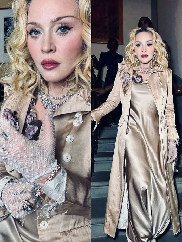 Madonna's daughter Lourdes wearing a satin dress and long coat at her mom's birthday party.