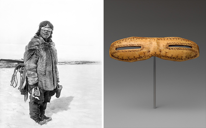 Historic black and white photo of an Inuit man wearing traditional snow goggles and the carved wooden goggles separately displayed.