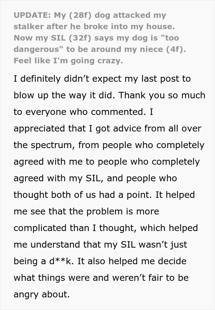 Text post discussing a dog that attacked a stalker who broke into a home and is now labeled too dangerous around kids. Text post discussing a dog that attacked a stalker who broke into a home and is now labeled too dangerous around kids.