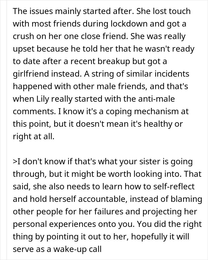 Text excerpt showing a sister giving a brutal reality check about sexism and accountability in job rejection.