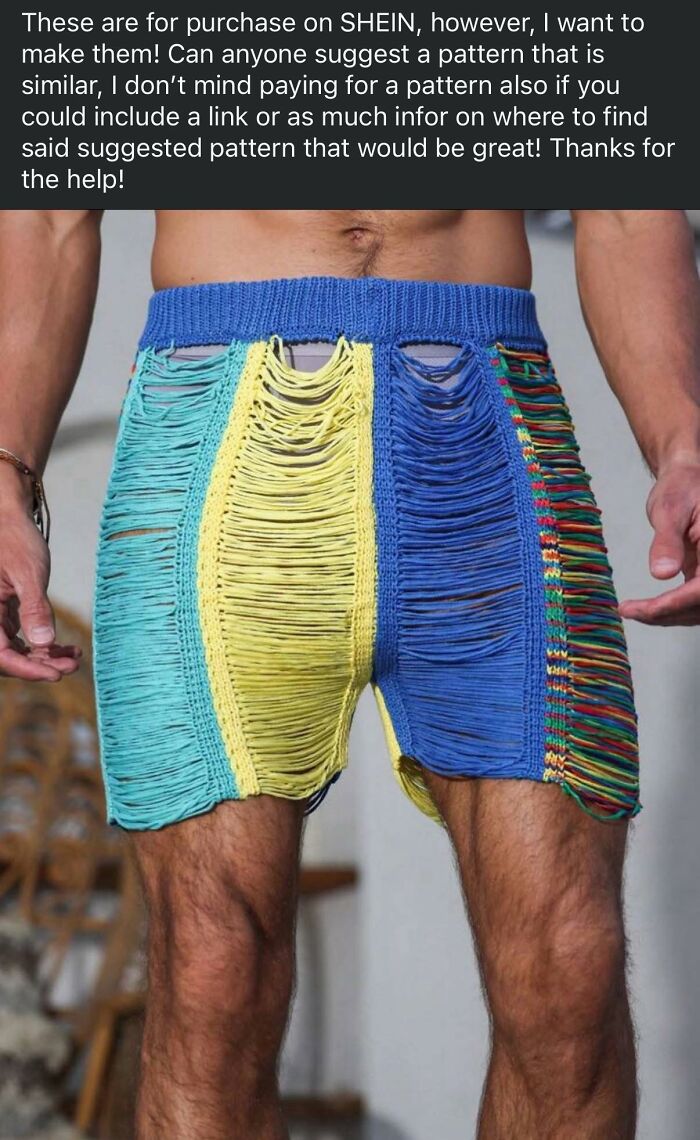 Man wearing colorful shredded DIY knit shorts showcasing unusual craft shaming project with visible tears and loose threads.