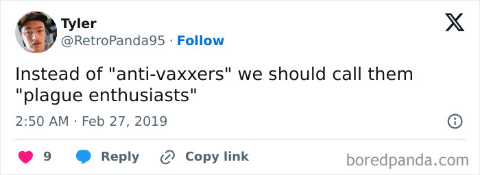 Tweet humorously renaming anti-vaxxers as plague enthusiasts, a funny and relatable medical meme for your next checkup.