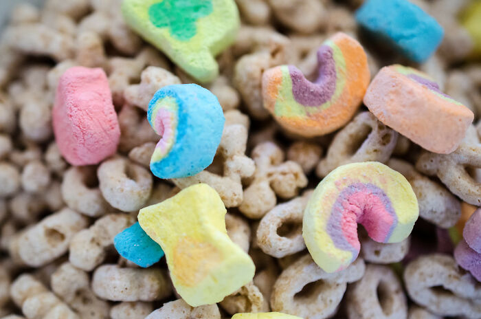 Colorful cereal pieces close-up, illustrating an unexpected item concept related to wedding registries and unique couple choices.