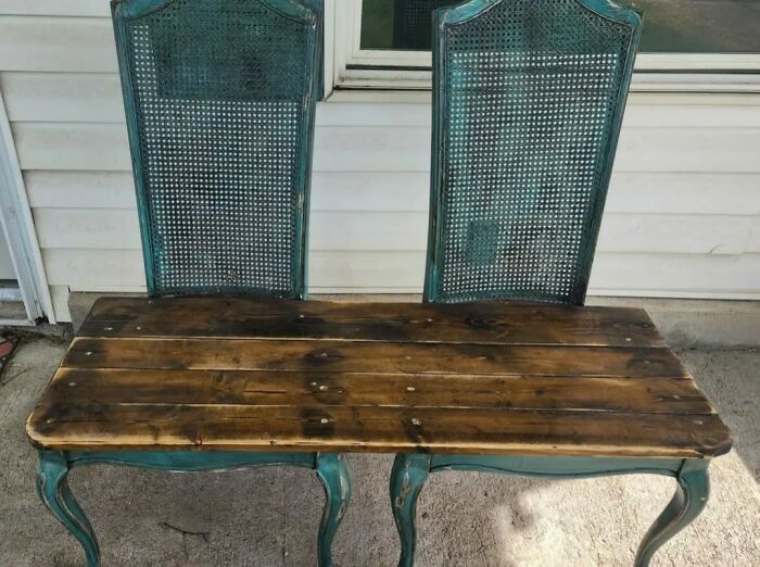 Two mismatched chairs awkwardly combined into a bench, showcasing a horrendous DIY craft shaming project.