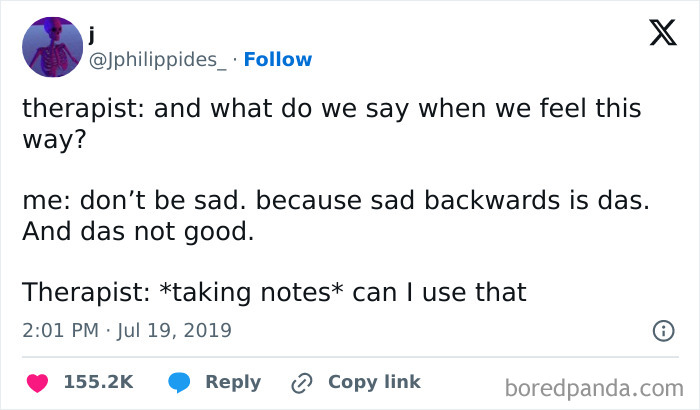 Funny and relatable medical meme showing a humorous therapist and patient conversation about feelings and notes.