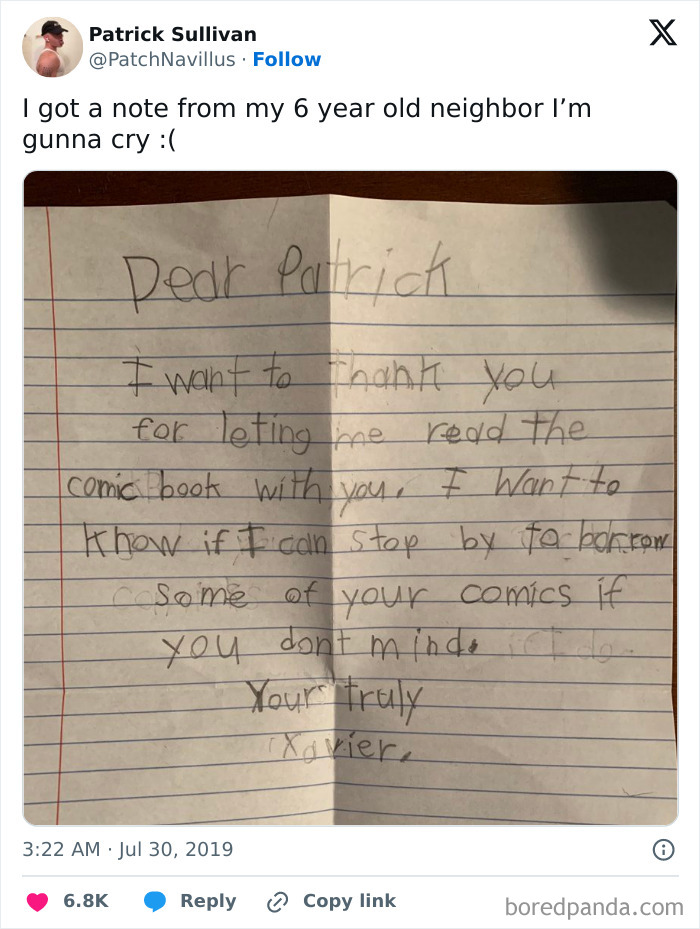 Handwritten thank you note from a kind 6-year-old neighbor asking to borrow comics, showing wholesome-kind-neighbors bond.