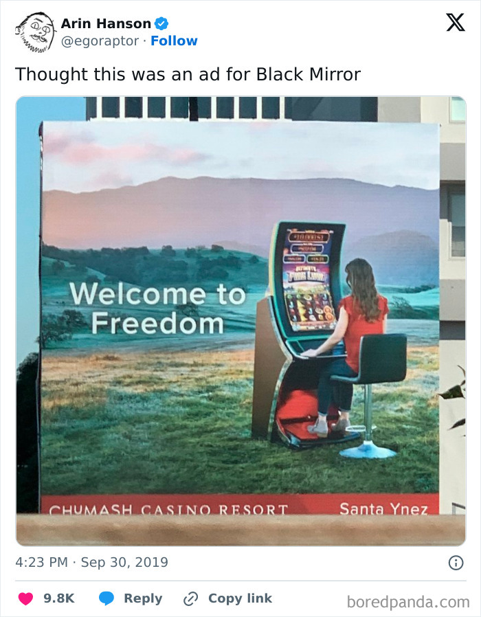 Woman sitting at a slot machine in an outdoor field with text welcoming freedom, evoking point of no return concept.