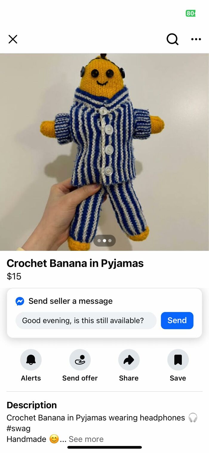 Handmade crochet banana doll in striped pyjamas with buttons and headphones, featured in craft shaming DIY projects.