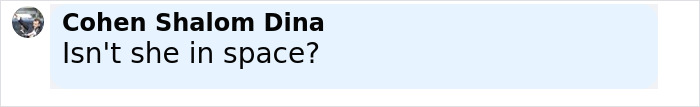 Comment by Cohen Shalom Dina asking "Isn't she in space?" in a chat interface with a profile picture visible. Comment by Cohen Shalom Dina asking "Isn't she in space?" in a chat interface with a profile picture visible.