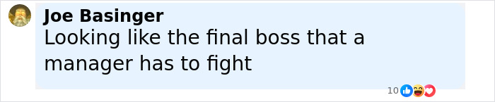 Joe Basinger commenting with a beard and curly hair, describing a final boss role a manager must fight in a social media post. - 12