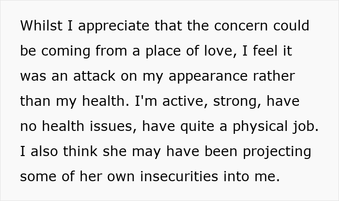 Text about woman sees good friend after 7 years and being told to lose weight, reflecting on appearance and health.