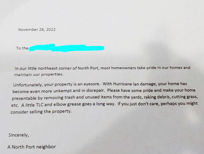 Handwritten note from a neighbor criticizing property upkeep, an example of unhinged neighbors’ notes seen in community living.