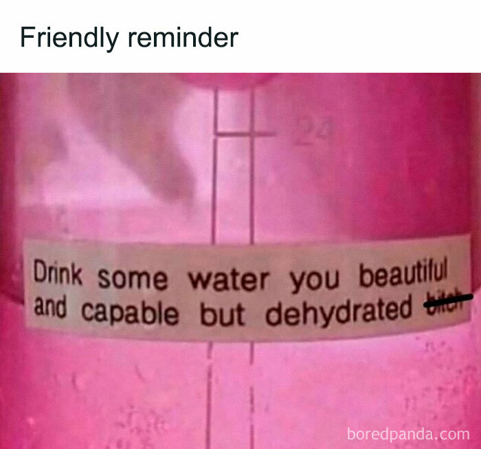 Motivational introvert-worthy meme on a water bottle urging to drink water and stay hydrated and capable.