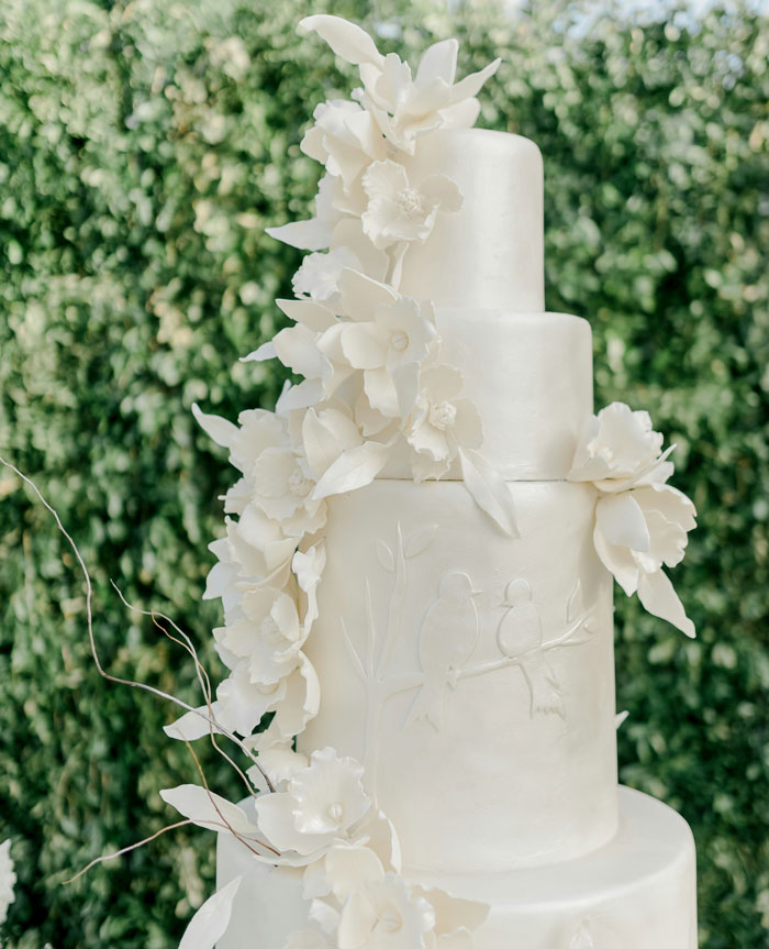 Elegant white wedding cake with floral decorations and bird designs, highlighting unique wedding spends and luxury details. - 39