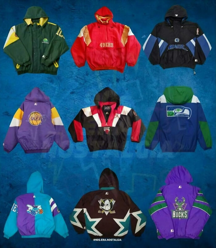 Collection of nostalgic 90s vintage sports jackets featuring teams like Lakers, 49ers, and Seahawks on blue background.