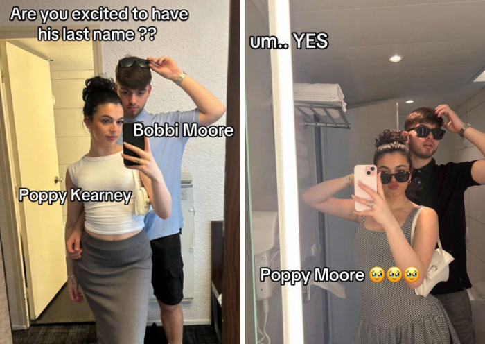 Couple humorously shares married surname trend selfies with playful name changes and reactions in casual indoor settings.