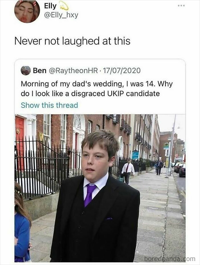 Teen boy in a suit on a London street, featured in chaotic British memes only people from the U.K. might understand.