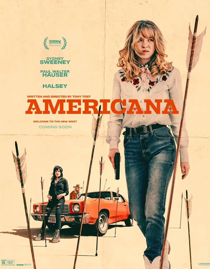 Sydney Sweeney pictured on a movie poster holding a gun, with vintage car and large arrows around her.