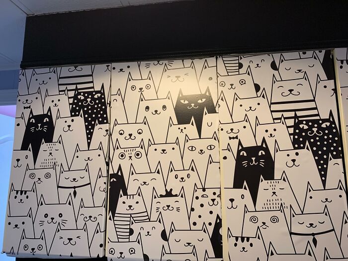 Black and white cat-themed decor piece featuring various stylized cat faces, adding a magical touch to home interiors.