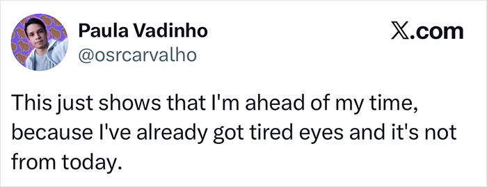 Tweet from Paula Vadinho discussing tired eyes, reflecting the new tired girl beauty trend spreading among Gen Z women.