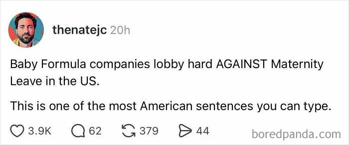 Screenshot of a social media post highlighting corporate lobbying against maternity leave in a boring dystopia society.