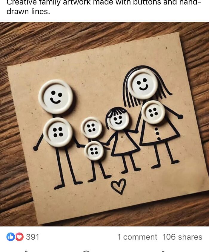 Creative family artwork using buttons and hand-drawn lines illustrating a DIY craft project for craft shaming content.