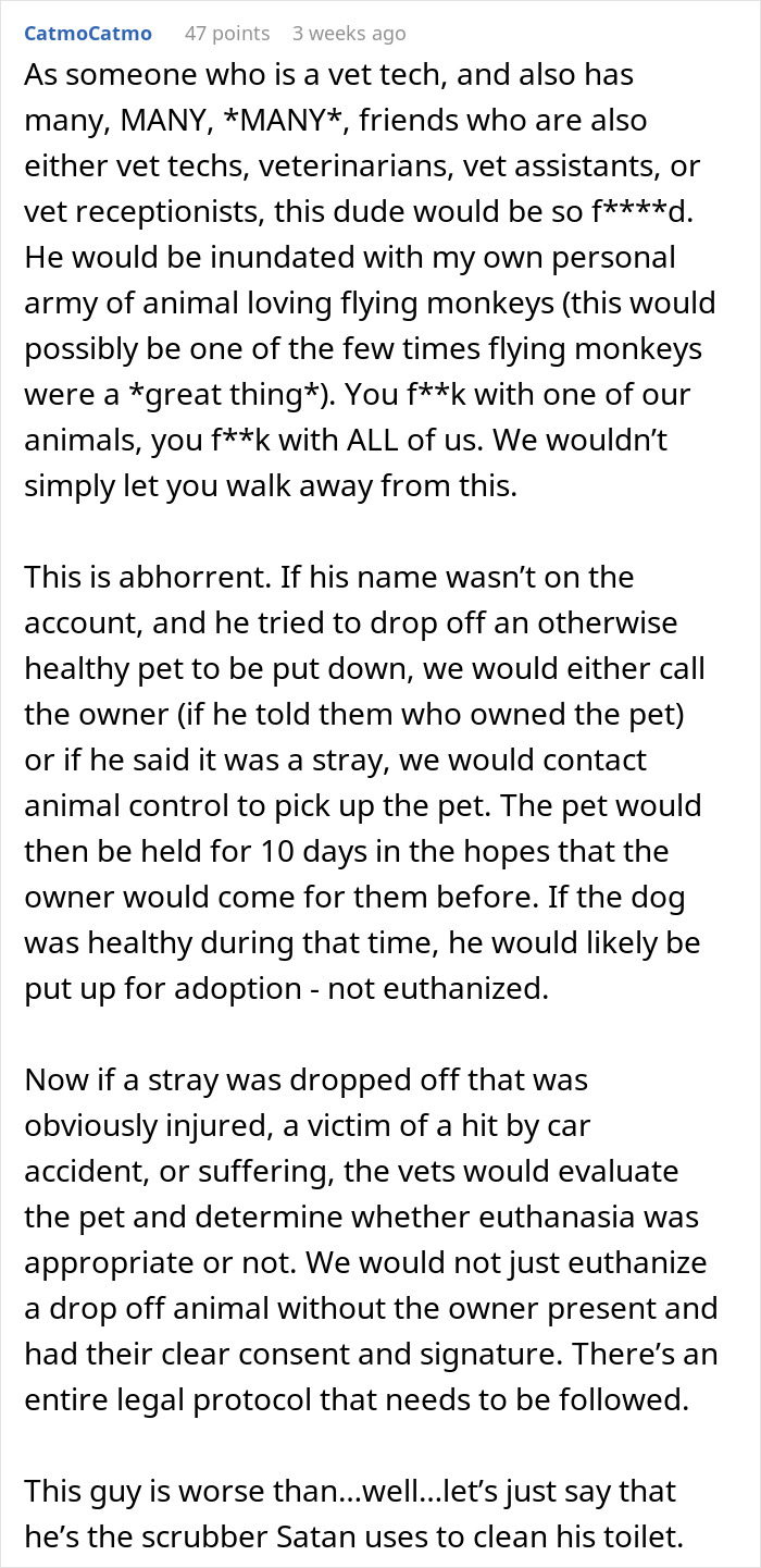 Comment criticizing boyfriend online for trying to stealthily euthanize girlfriend&rsquo;s dog, shared by a vet tech.