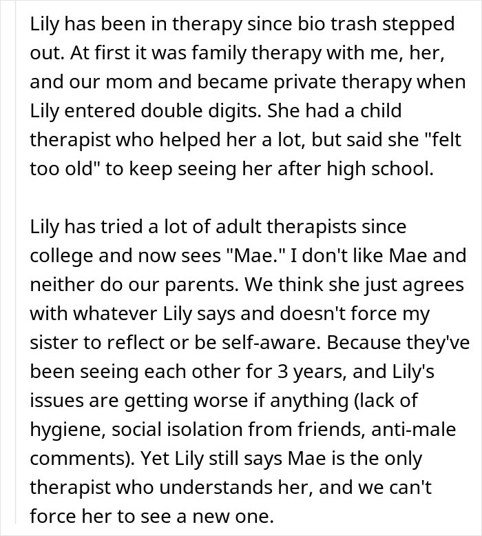 Text excerpt about a woman blaming sexism for job rejection and receiving a brutal reality check from her sister.