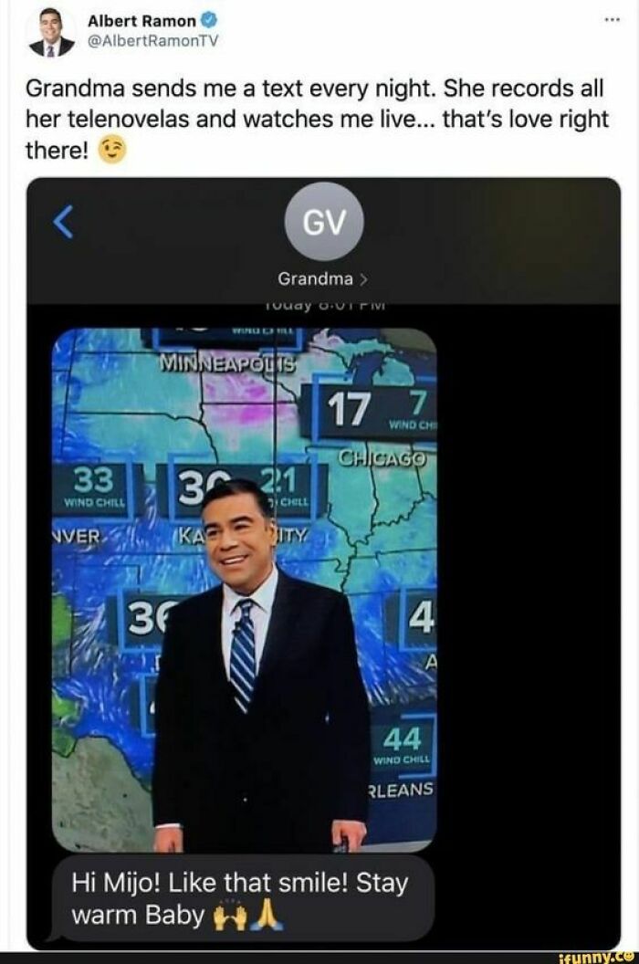 Heartwarming post showing a weatherman’s grandma sending loving supportive texts to brighten his day.