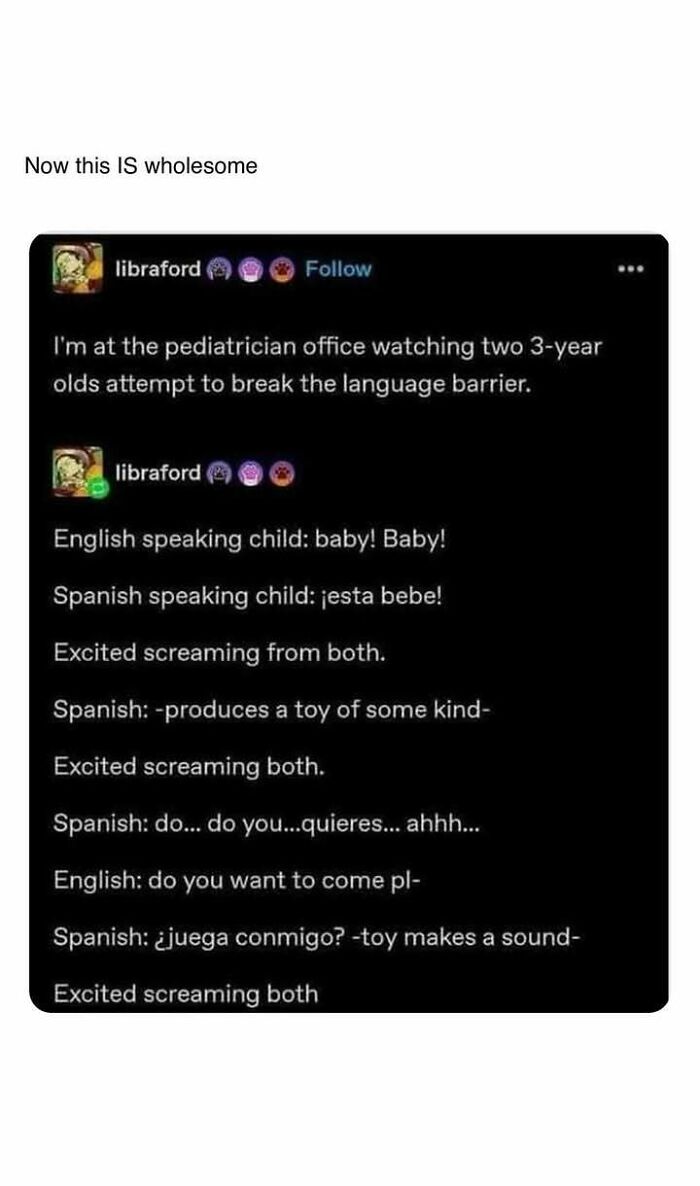 Two 3-year-olds at pediatrician breaking language barrier with excited screaming, a heartwarming moment amid bad news.