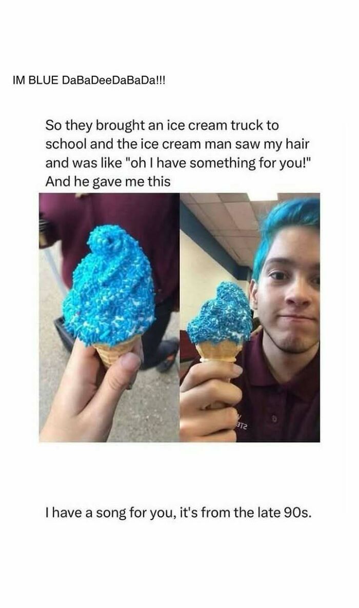 Teen with blue hair holding blue ice cream cone, a heartwarming moment from a kind ice cream man, uplifting and positive post.