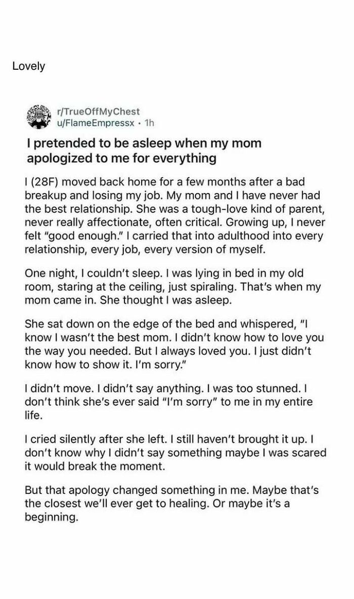 Heartwarming post about a tough mother apologizing, bringing healing and hope amid difficult family relationships.