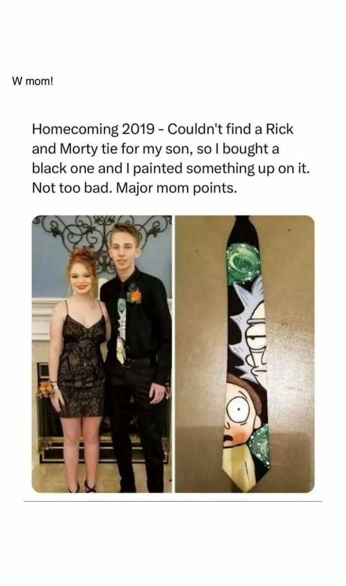 Teen boy wearing a hand-painted Rick and Morty tie for homecoming, highlighting heartwarming posts about kindness and creativity.