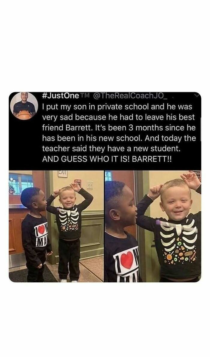 Two boys reunited happily at school, capturing a heartwarming moment from uplifting posts about friendship and joy.